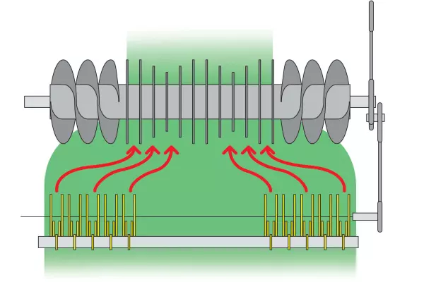 Невелика відстань між ротором і зубцями підбирання забезпечує постійний потік рослинної маси.