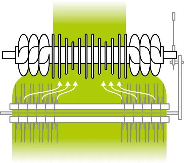 Невелика відстань між ротором і зубцями підбирання забезпечує рівномірний потік рослинної маси.